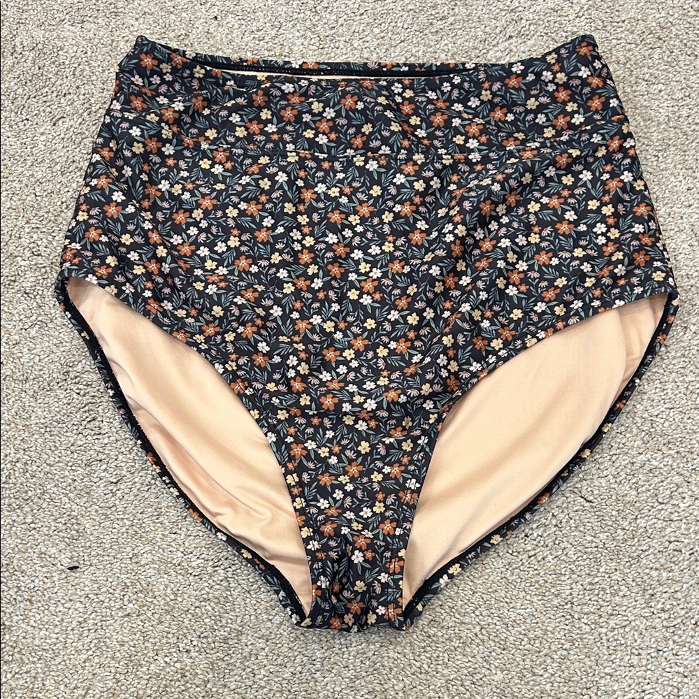 High-Waist Floral Bikini Bottoms - Black with Rust & Cream Floral